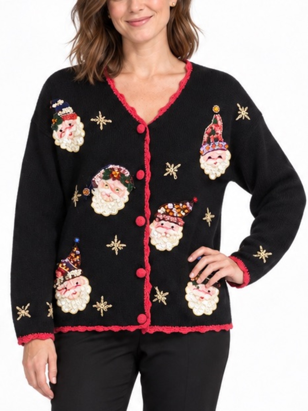 Vintage Holiday Bling Santa Christmas Cardigan L Sequin Beaded Ugly Sweater